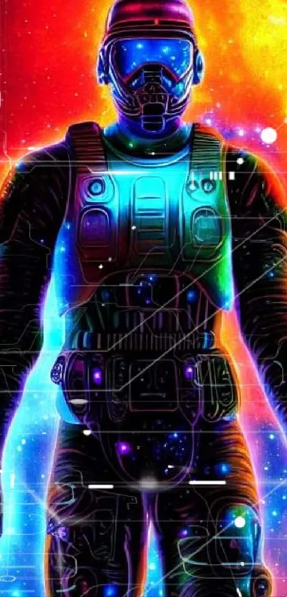 Neon astronaut standing against a vibrant cosmic background.