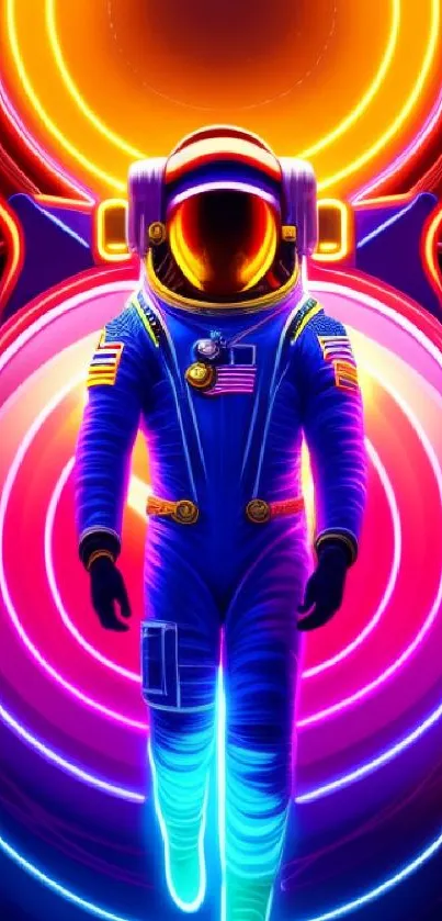 Vibrant neon astronaut with glowing rings and bright colors.