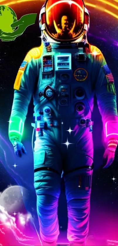 Neon astronaut in vibrant cosmic space, ideal for mobile wallpapers.