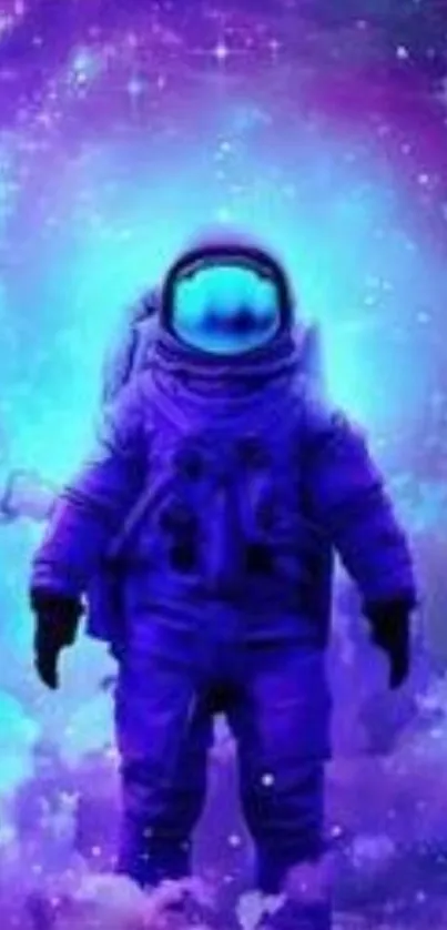 Colorful astronaut in space with purple and blue hues on mobile wallpaper.