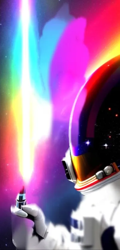 Astronaut with rainbow lightsaber in space-themed wallpaper.