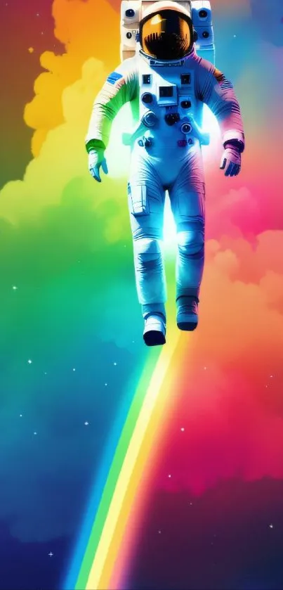 Astronaut floating through a vibrant rainbow space backdrop.