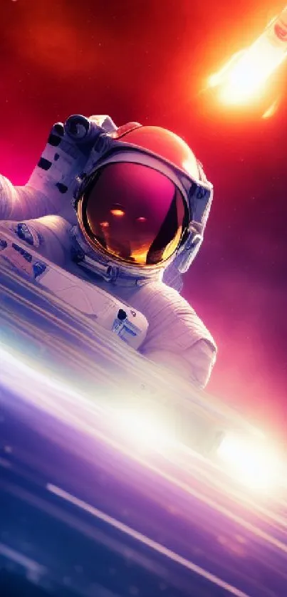 Astronaut in vibrant space scene with a launching rocket and starry sky.