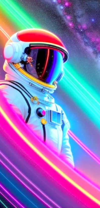 Futuristic neon astronaut floating in space with vibrant colorful streaks.