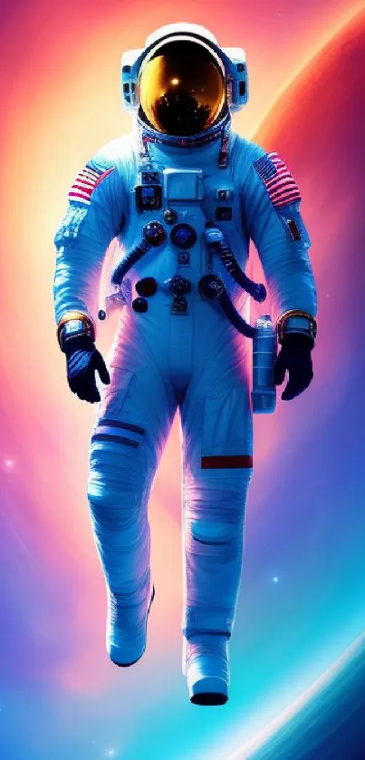 Astronaut floating in colorful cosmic space scene.