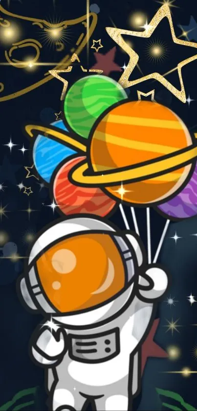 Astronaut with colorful planet balloons in a starry galaxy.