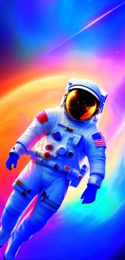 Colorful astronaut floating in space with vibrant cosmic background.