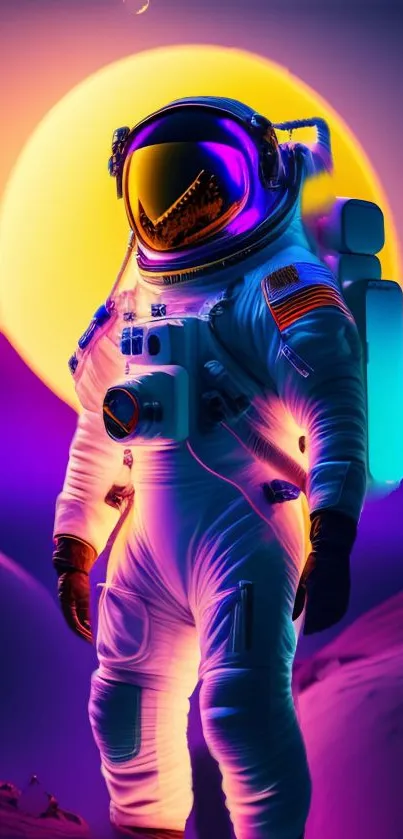 Vibrant astronaut in neon space setting.