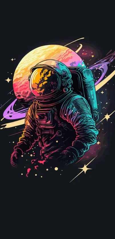 Vibrant astronaut artwork with colorful cosmic background.