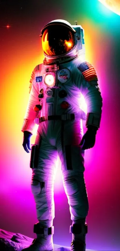 Vibrant astronaut in colorful cosmic space art wallpaper.