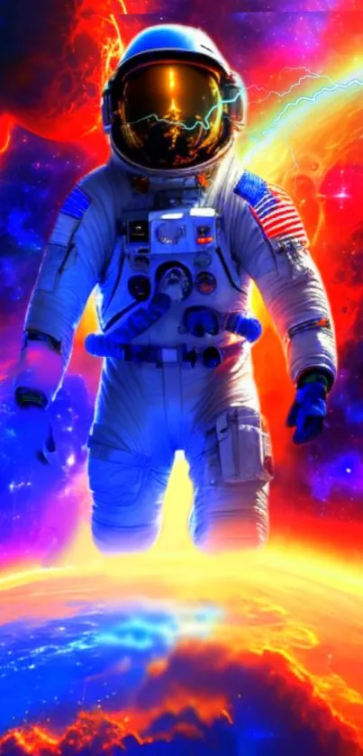 Astronaut floating in vibrant cosmic space with colorful effects.