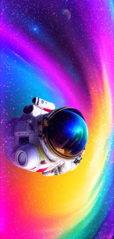 Colorful astronaut floats in vibrant space cosmos wallpaper.