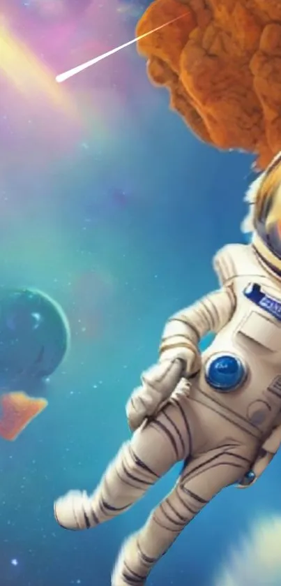 Astronaut floating in vibrant space scene with colorful planets.