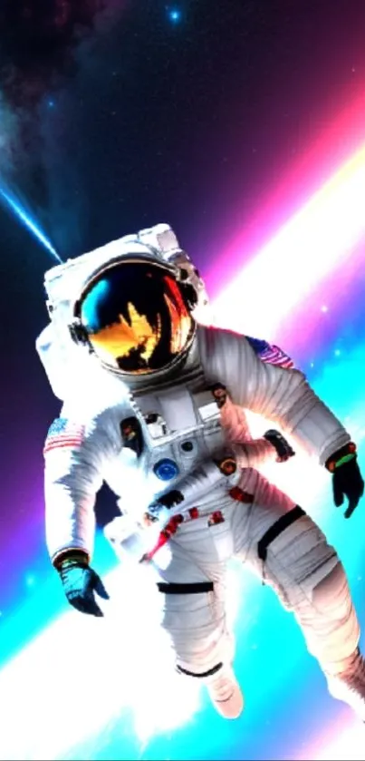 Astronaut floating in vibrant nebula space wallpaper.