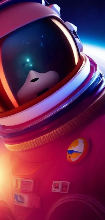 Astronaut in red suit floating over Earth with a stunning cosmic backdrop.