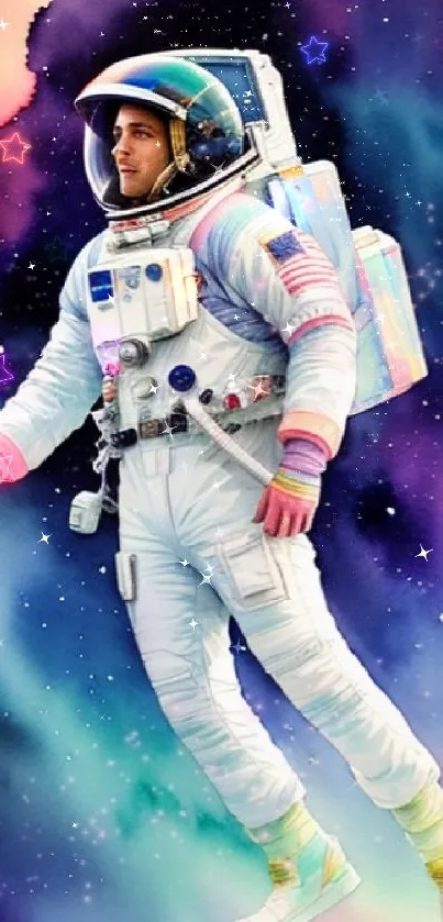 Vivid astronaut floating in cosmic space art.