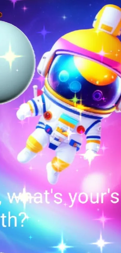 Bright astronaut in neon cosmic background.