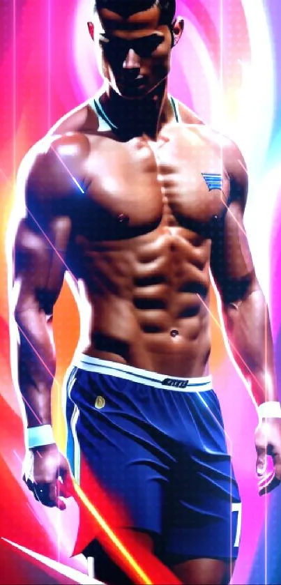 Vibrant digital art of athletic figure with colorful abstract background.