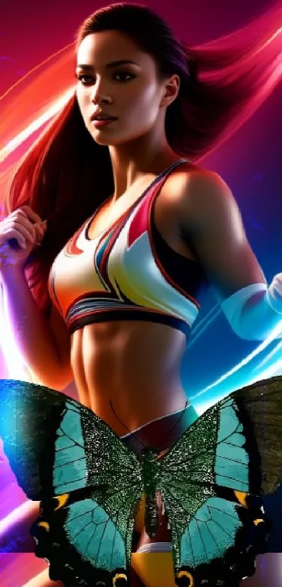 Vibrant athletic woman with butterfly art in dynamic colors.