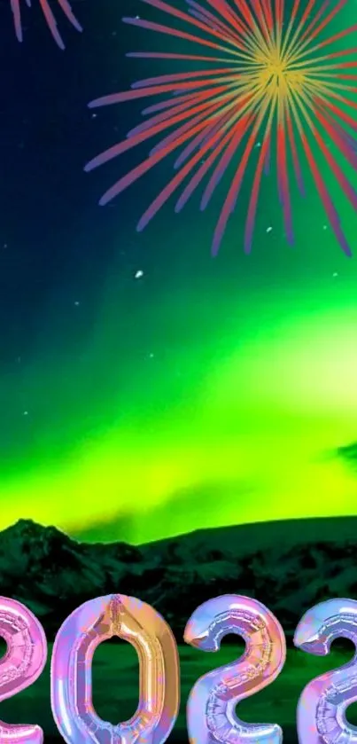 Colorful 2022 fireworks and aurora wallpaper.