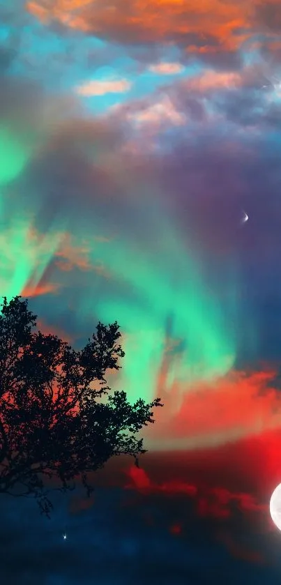 Vibrant aurora lights with moon in a colorful night sky.