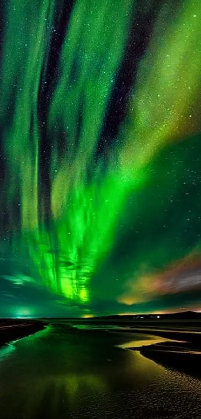 Vibrant emerald green aurora lights over a serene, starry night sky.