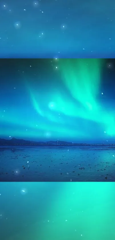 Vibrant aurora borealis brightens a night sky over water, creating a serene phone wallpaper.