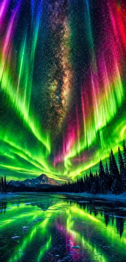 Vibrant aurora borealis above a lake reflecting cosmic colors in the sky.