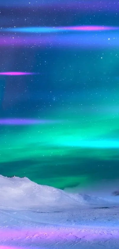 Vibrant aurora borealis illuminating a snowy landscape under a starry sky.