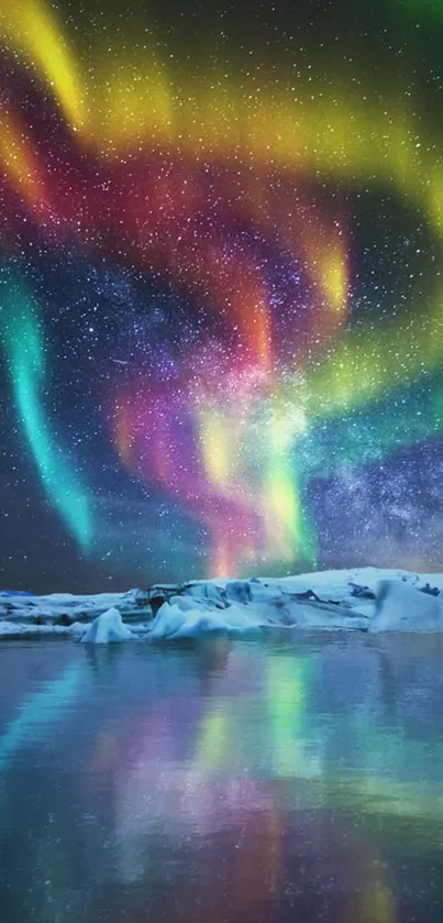 Aurora Borealis illuminating the night sky with vibrant colors over icy landscape.