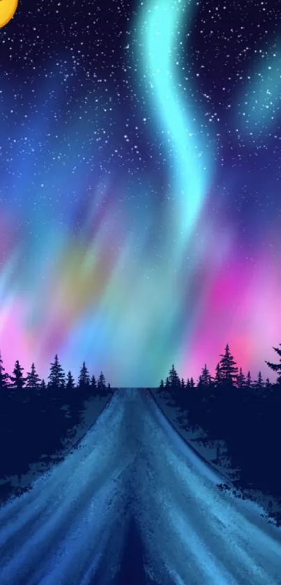 Vibrant aurora borealis over a snowy forest road under a starry sky.