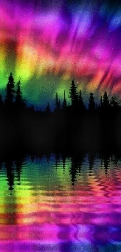 Vibrant aurora borealis reflecting on a tranquil forest pond.