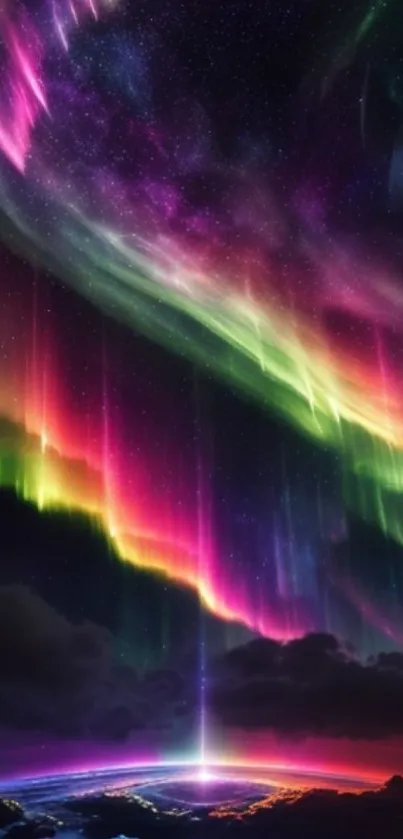 Colorful aurora borealis over the night sky landscape.