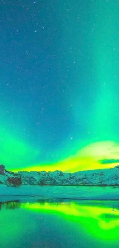 Green aurora borealis over icy landscape with starry night sky.