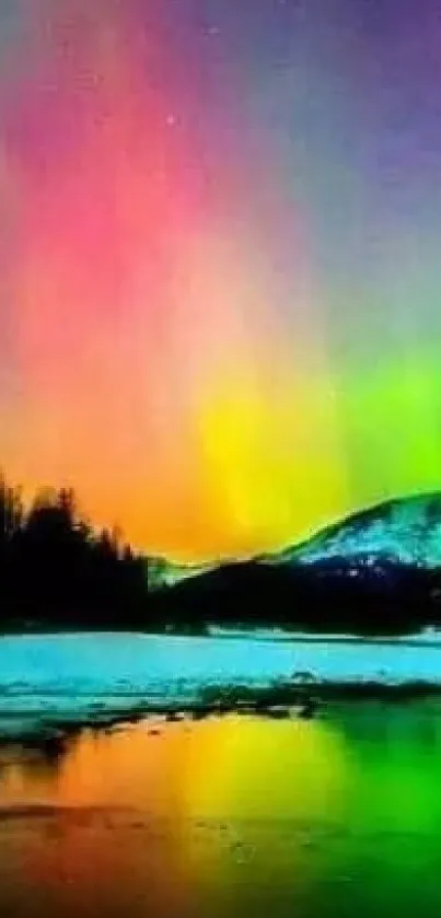 Colorful aurora borealis over snowy mountain and reflected in water.