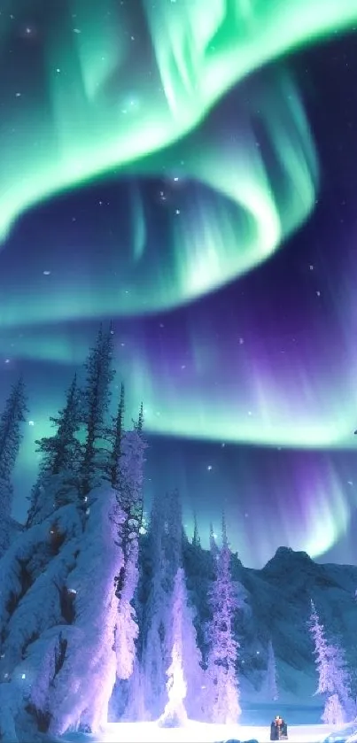 Aurora borealis over snow-covered trees with vibrant green and purple hues.