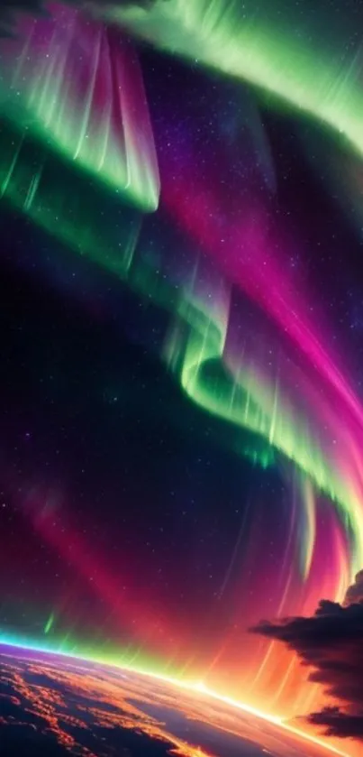 Vibrant aurora borealis with vivid colors in the night sky.