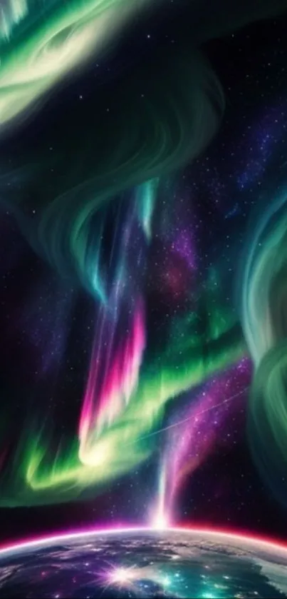 Vibrant aurora lights over Earth with glowing cosmic ambiance.