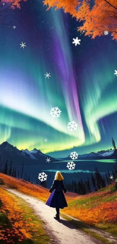 Woman under vibrant aurora in a fantasy landscape.