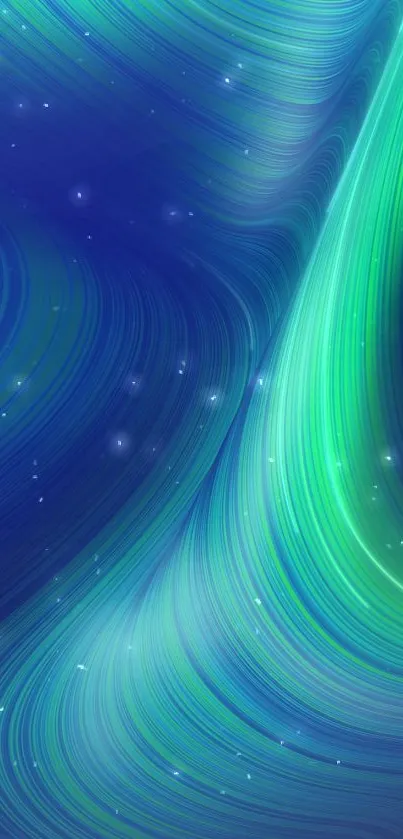 Abstract blue and green aurora-inspired mobile wallpaper.