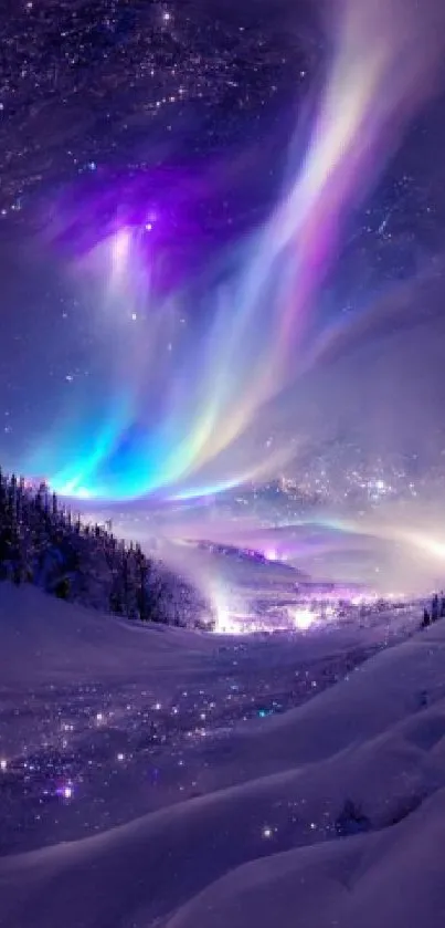 Vibrant aurora lights fill the night sky over a snowy landscape.