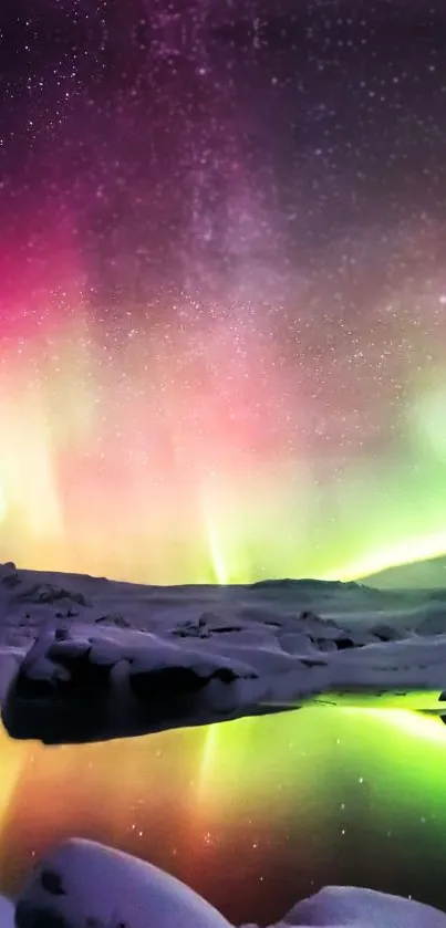 Vibrant aurora borealis over a frozen landscape with a starry night sky.