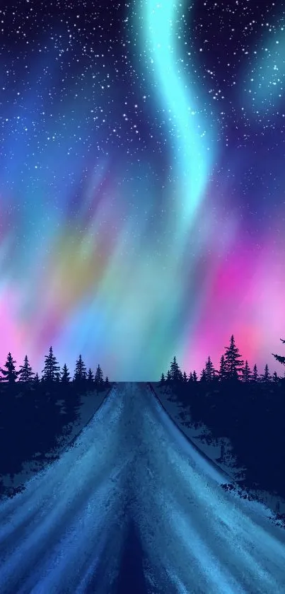 Vibrant aurora display over a starry night sky with silhouetted trees.