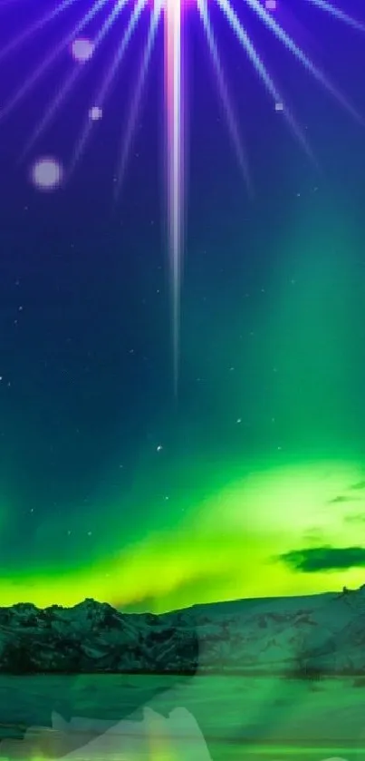 Vibrant aurora night sky with green and purple hues, perfect for mobile wallpaper.