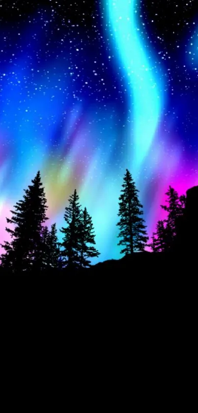 Vibrant aurora borealis over starry night sky with silhouetted trees.