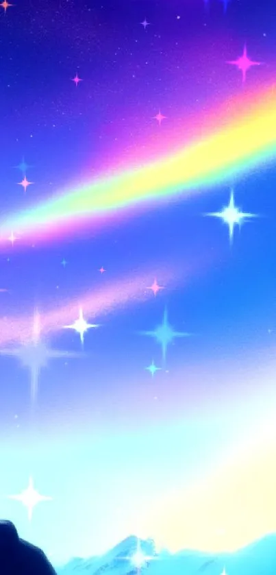 Vibrant aurora night sky with blue hues and celestial patterns.