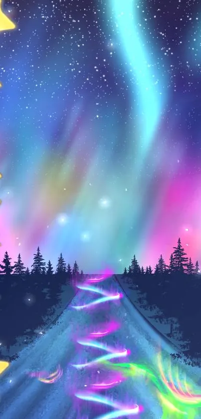 Vibrant aurora borealis with a night sky and golden starry border for mobile wallpaper.