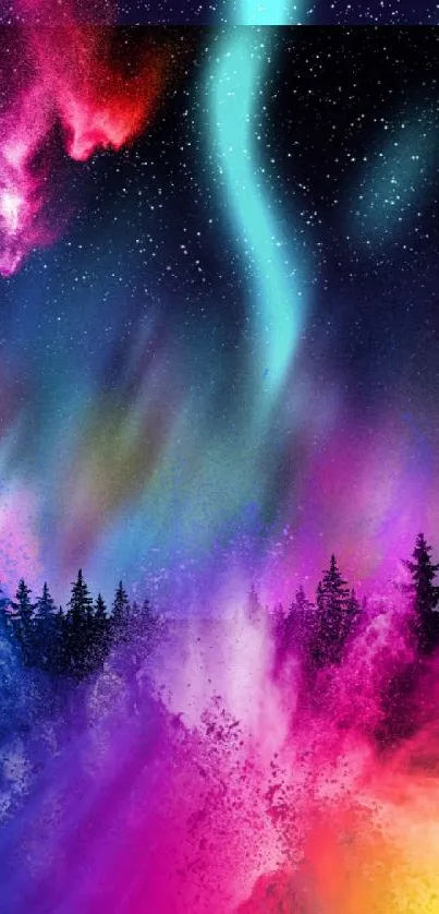 Vibrant aurora lights in a starry night sky over a forest landscape.