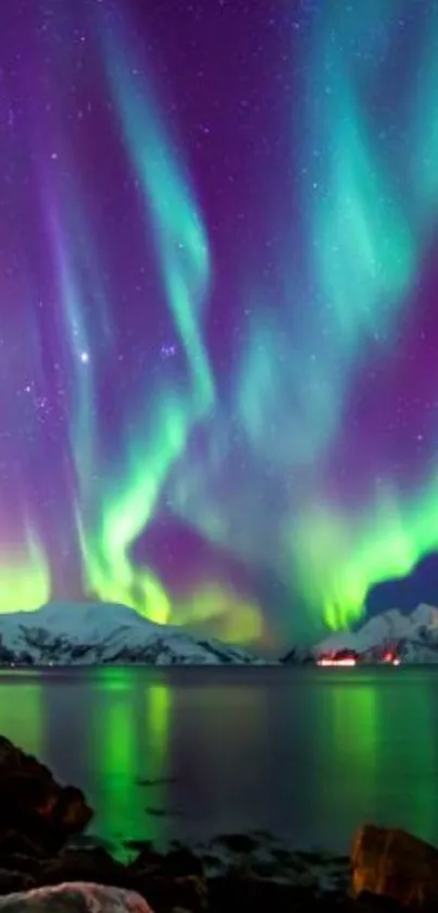 Stunning aurora borealis over mountains and water with a starry sky.