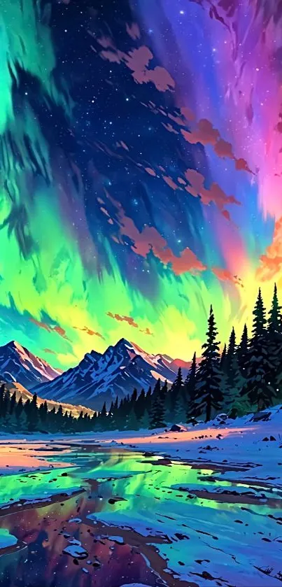Vibrant aurora over snow-capped mountains reflecting in a serene lake.